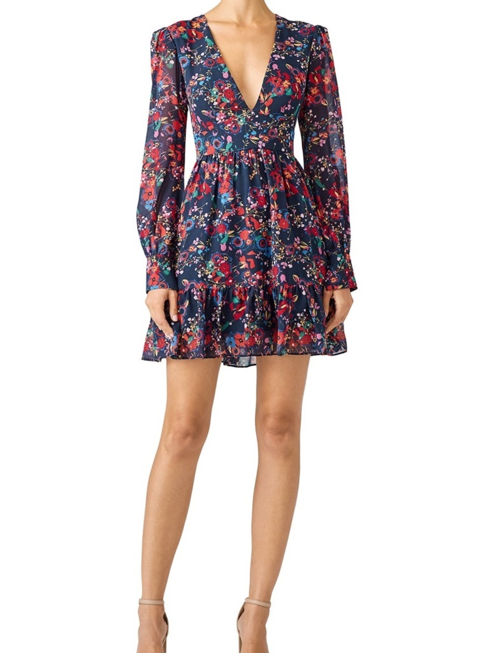 Saloni Silk Floral Mini Dress Sheer Sleeve Fit & Flare Navy Red Romantic